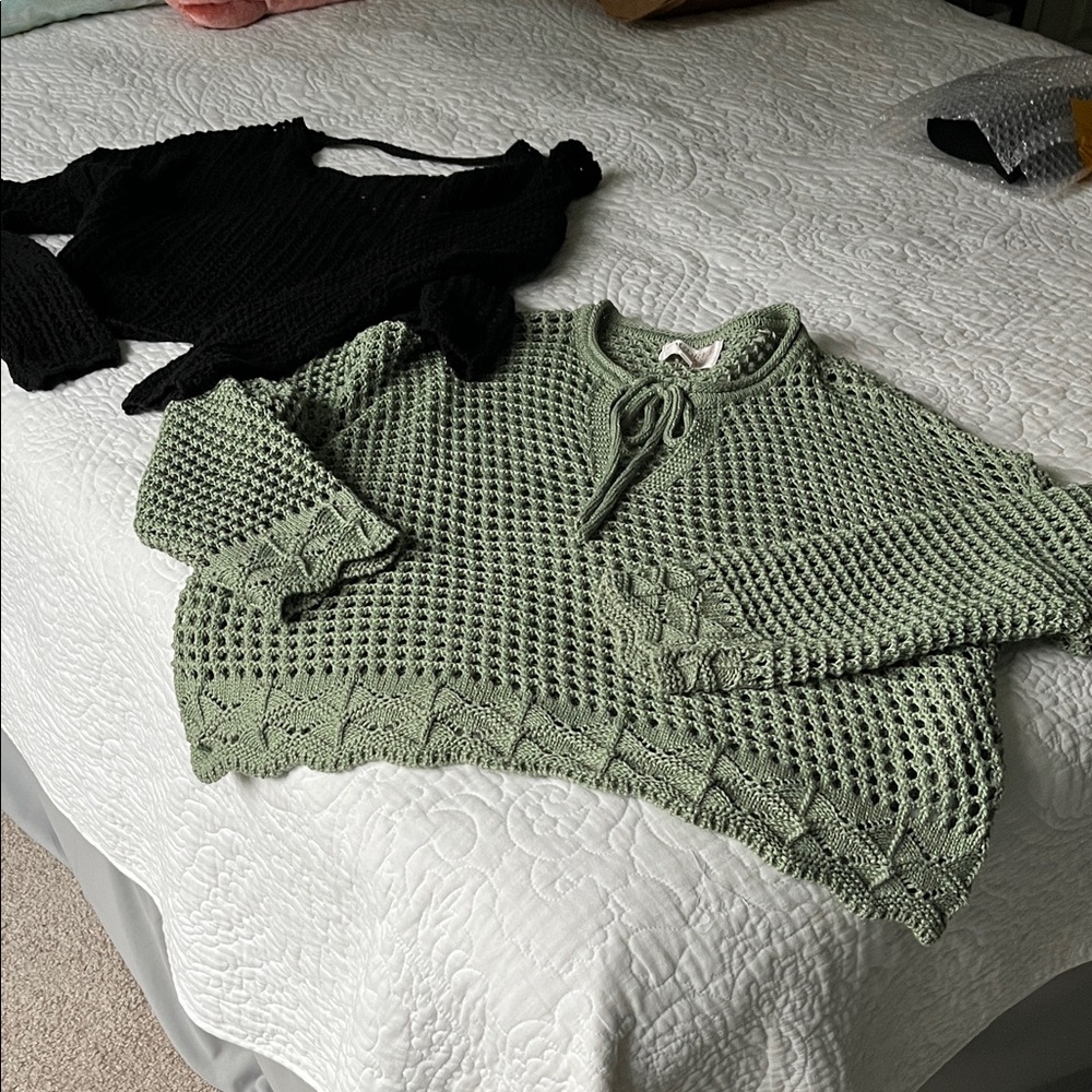 Audrey Sage Green knit sweater and black knit sweater